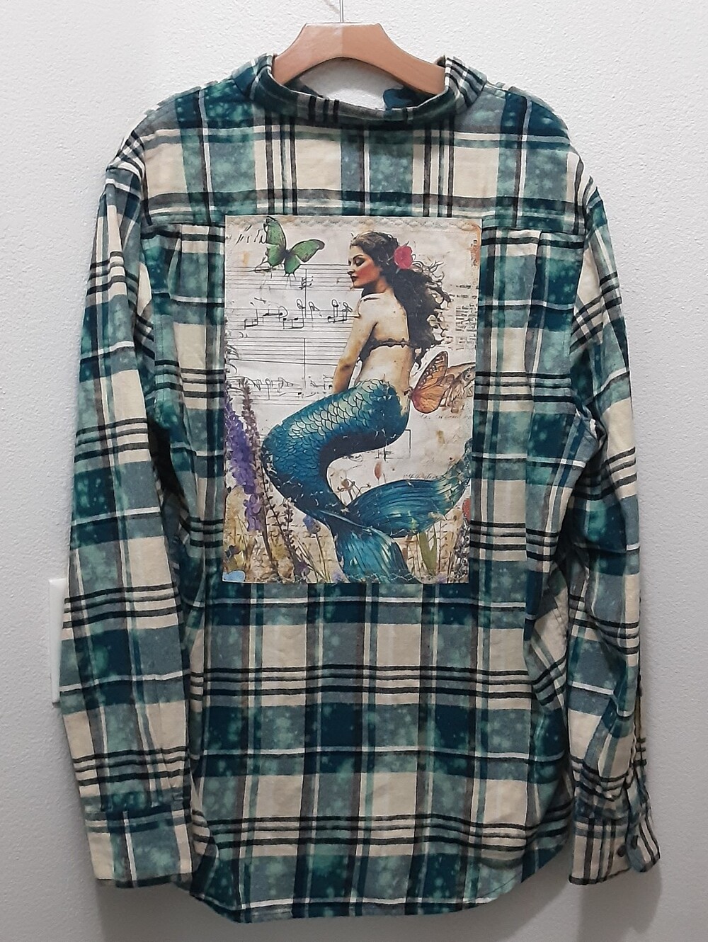 Angry Minnow Mermaid Siren Butterfly Flannel Long Sleeve Button Shirt Teal
